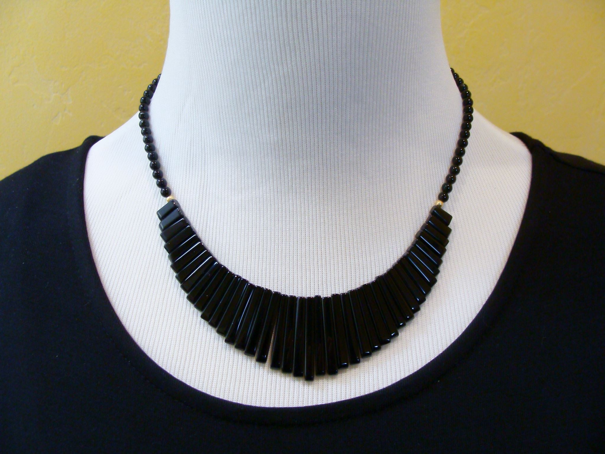 Southwestern 14K Gold Onyx Bead Bib Fringe Necklace