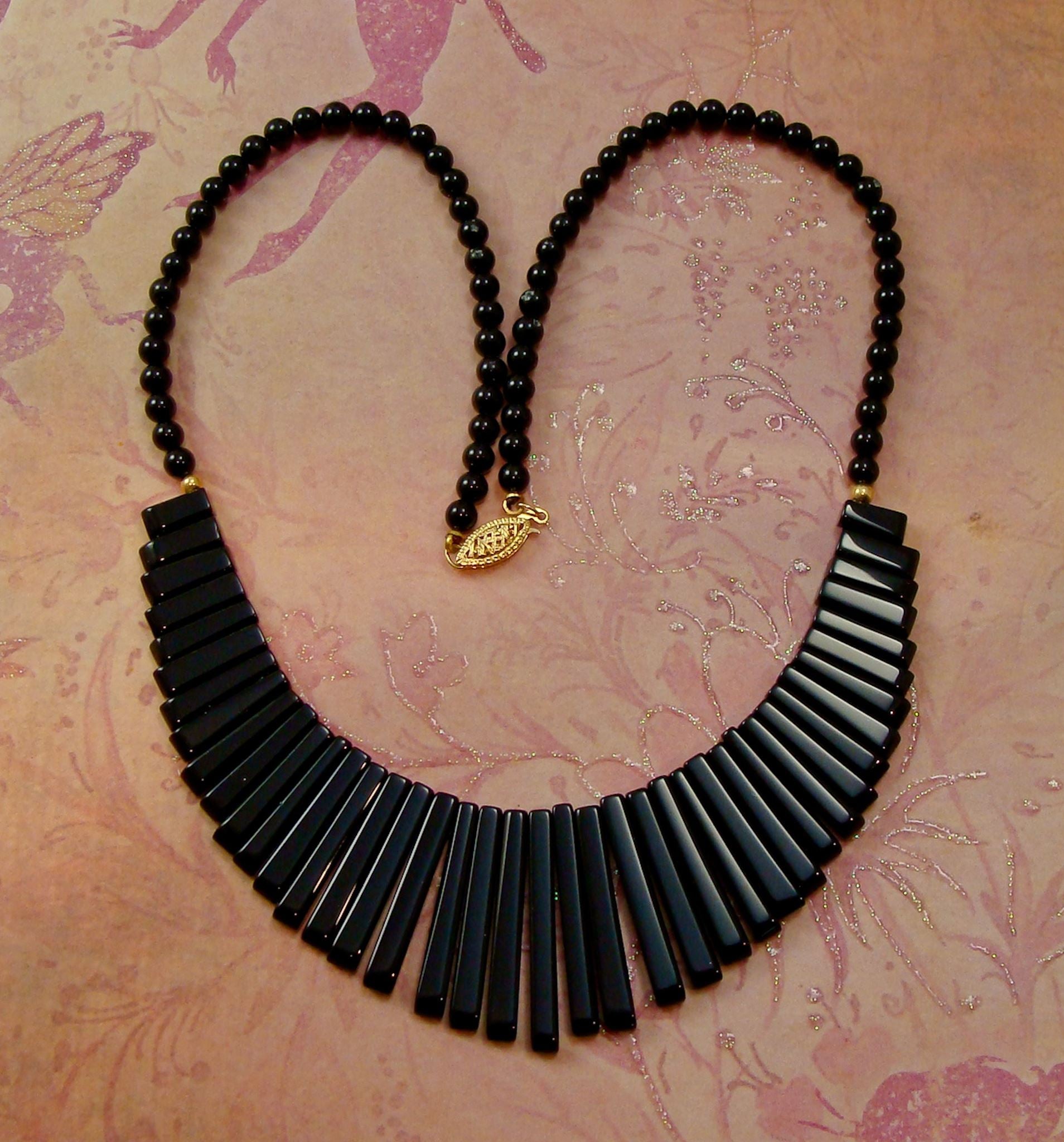 Southwestern 14K Gold Onyx Bead Bib Fringe Necklace