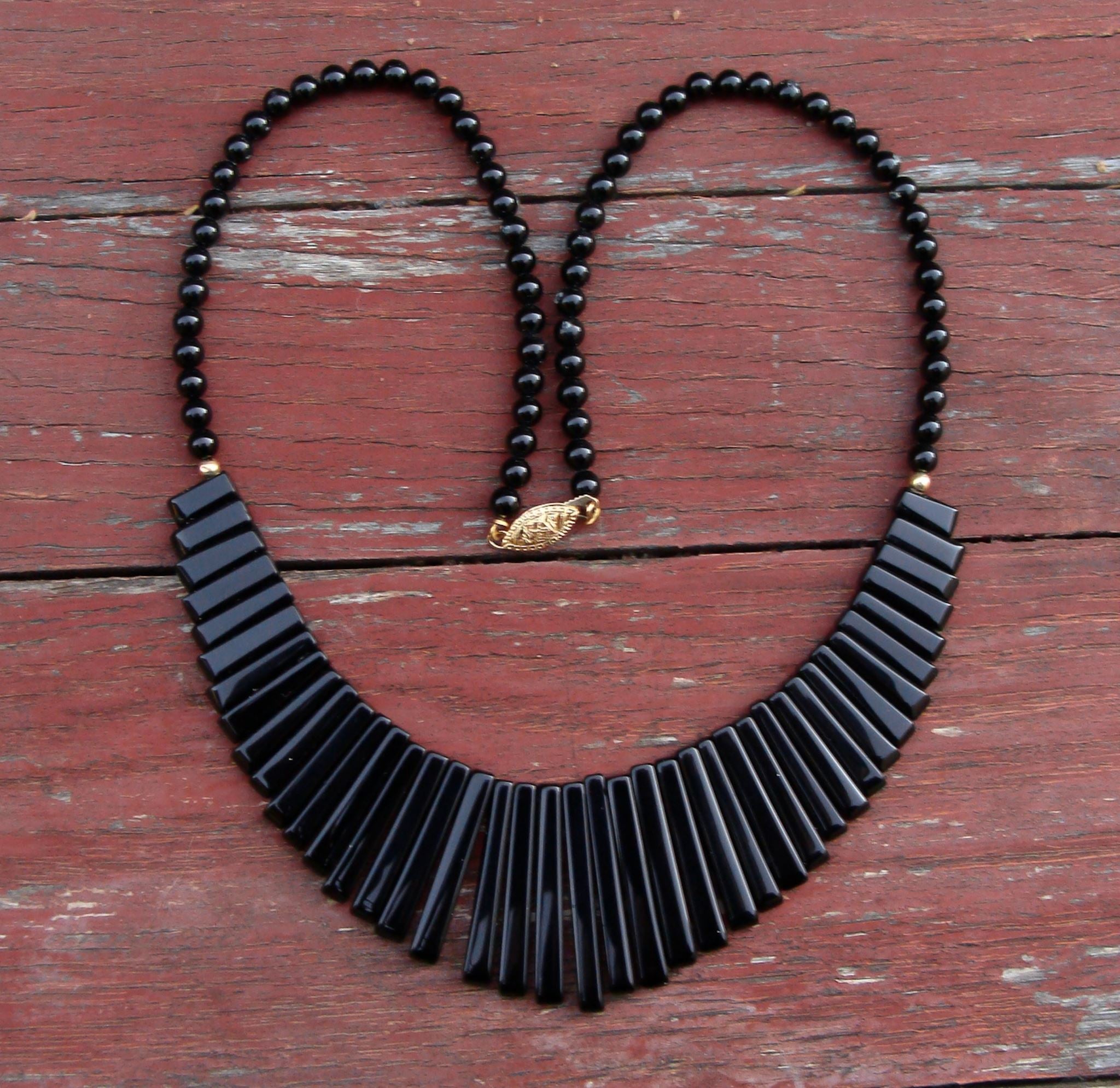 Southwestern 14K Gold Onyx Bead Bib Fringe Necklace