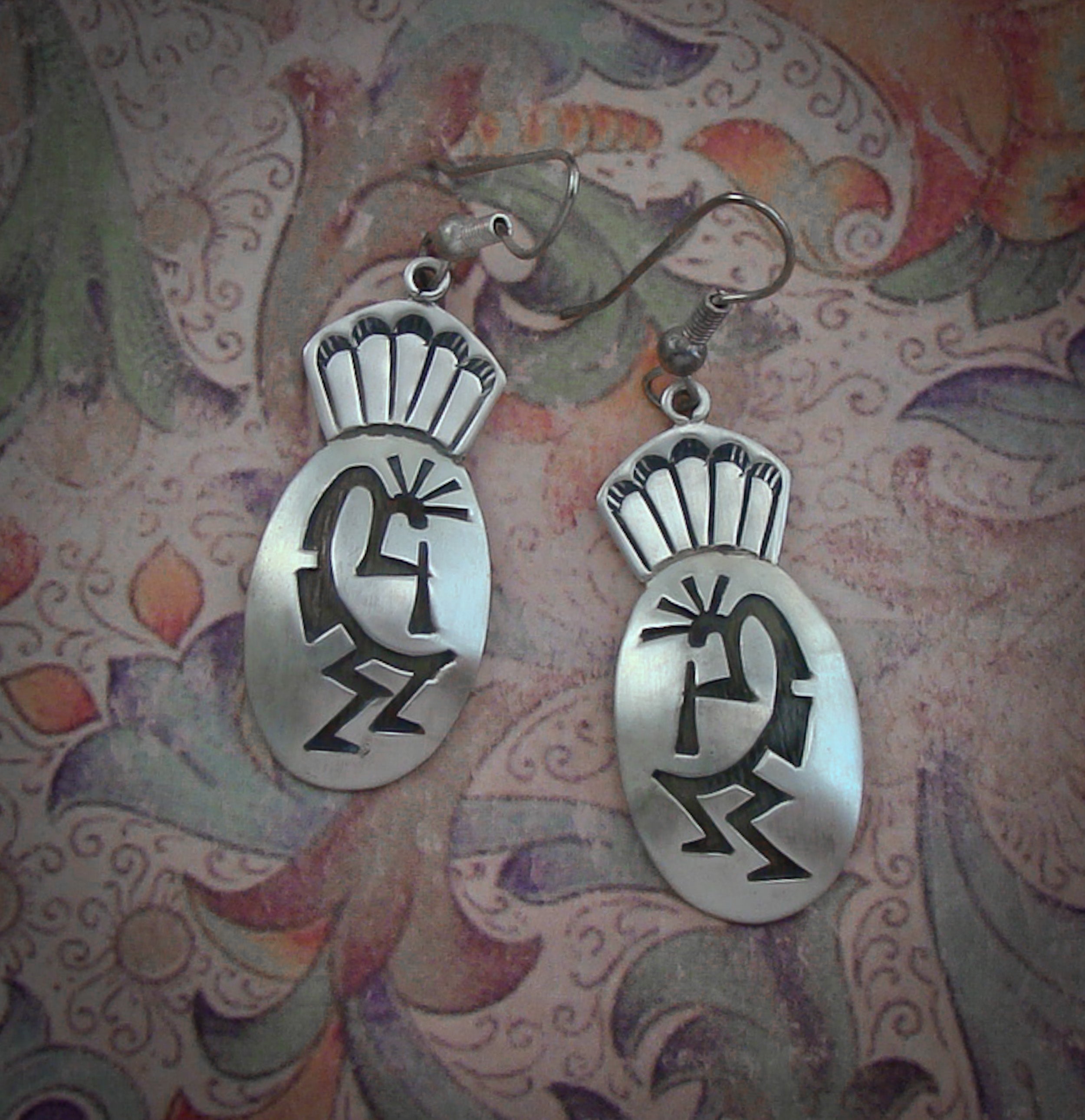 Navajo Hopi Style Silver Kokopelli Dome Dangle Earrings