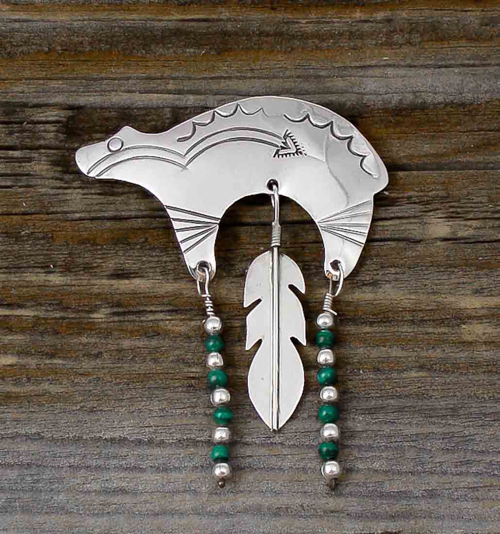 Navajo Vintage Malachite Silver Feather Bear Fetish Heartline Brooch Pin