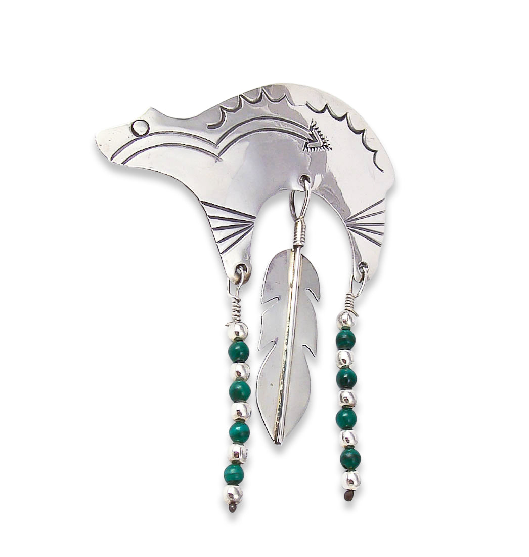 Navajo Vintage Malachite Silver Feather Bear Fetish Heartline Brooch Pin