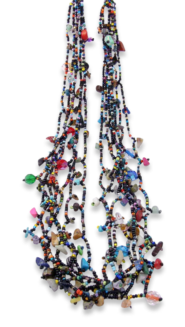 Guatemalan Black 7 Strand Seed Bead Multi Gem Necklace