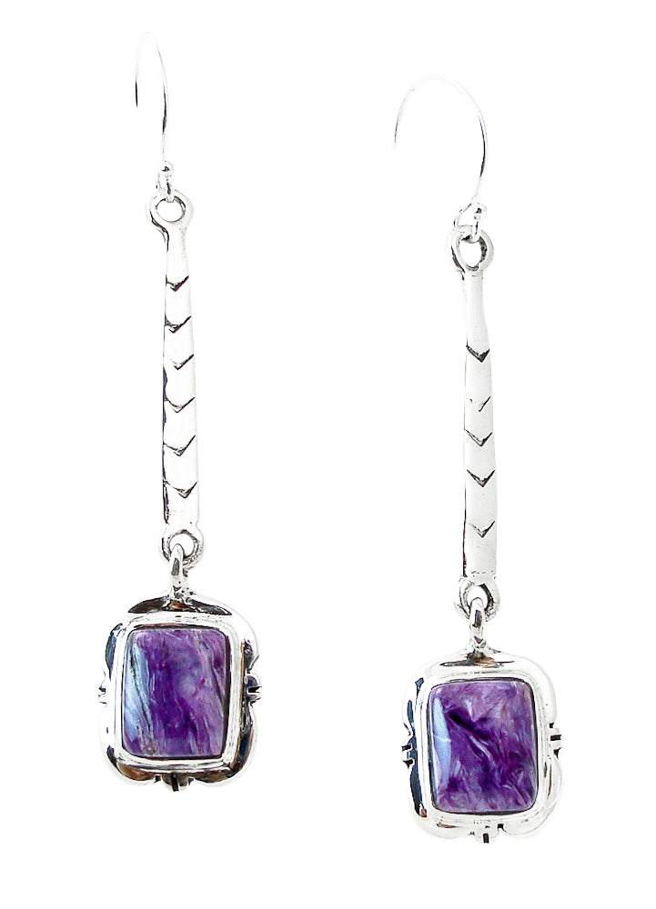 Charoite Silver Chain Dangle Earrings