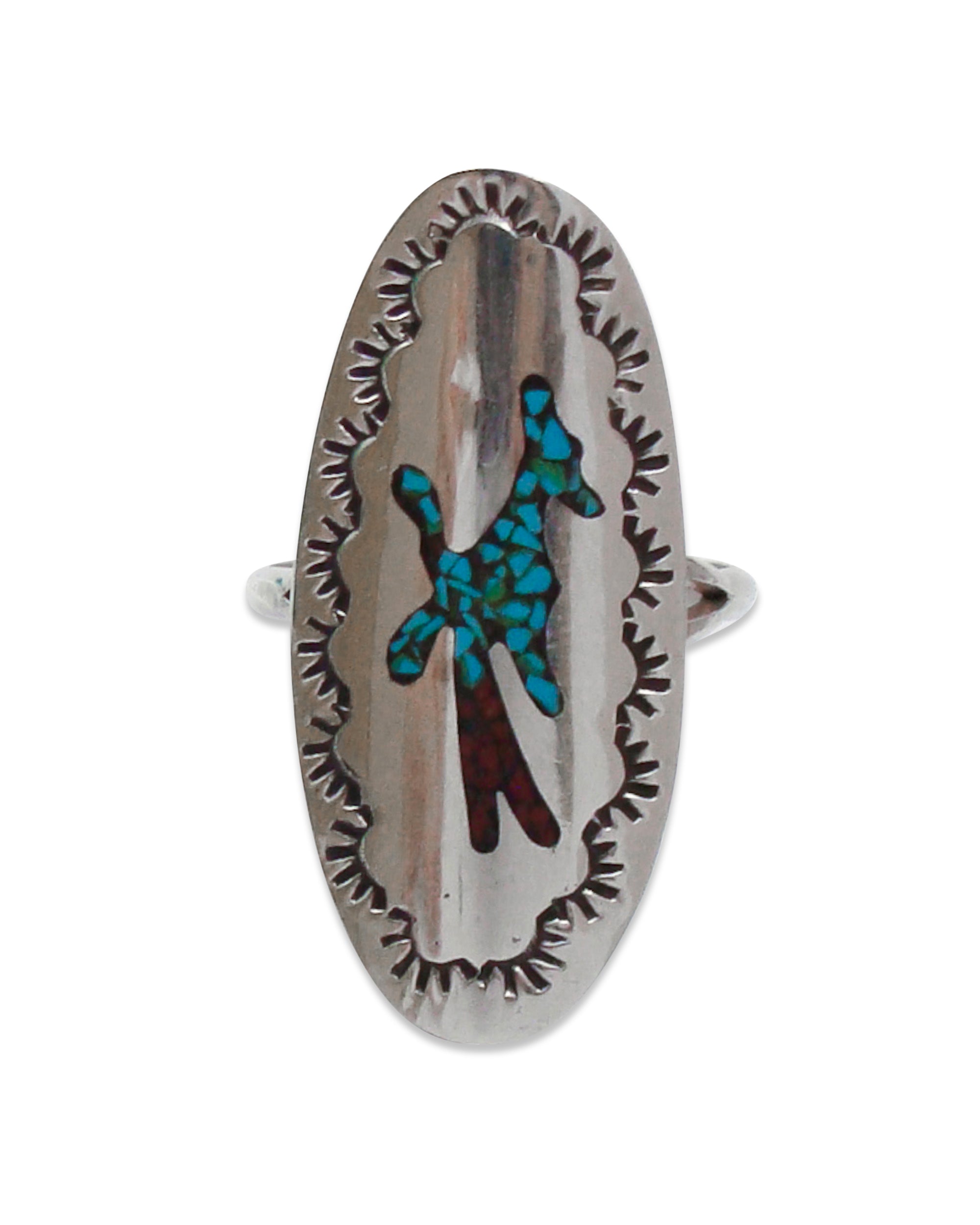 Native American Silver Turquoise Coral Chip Inlay Ring Size 7.5