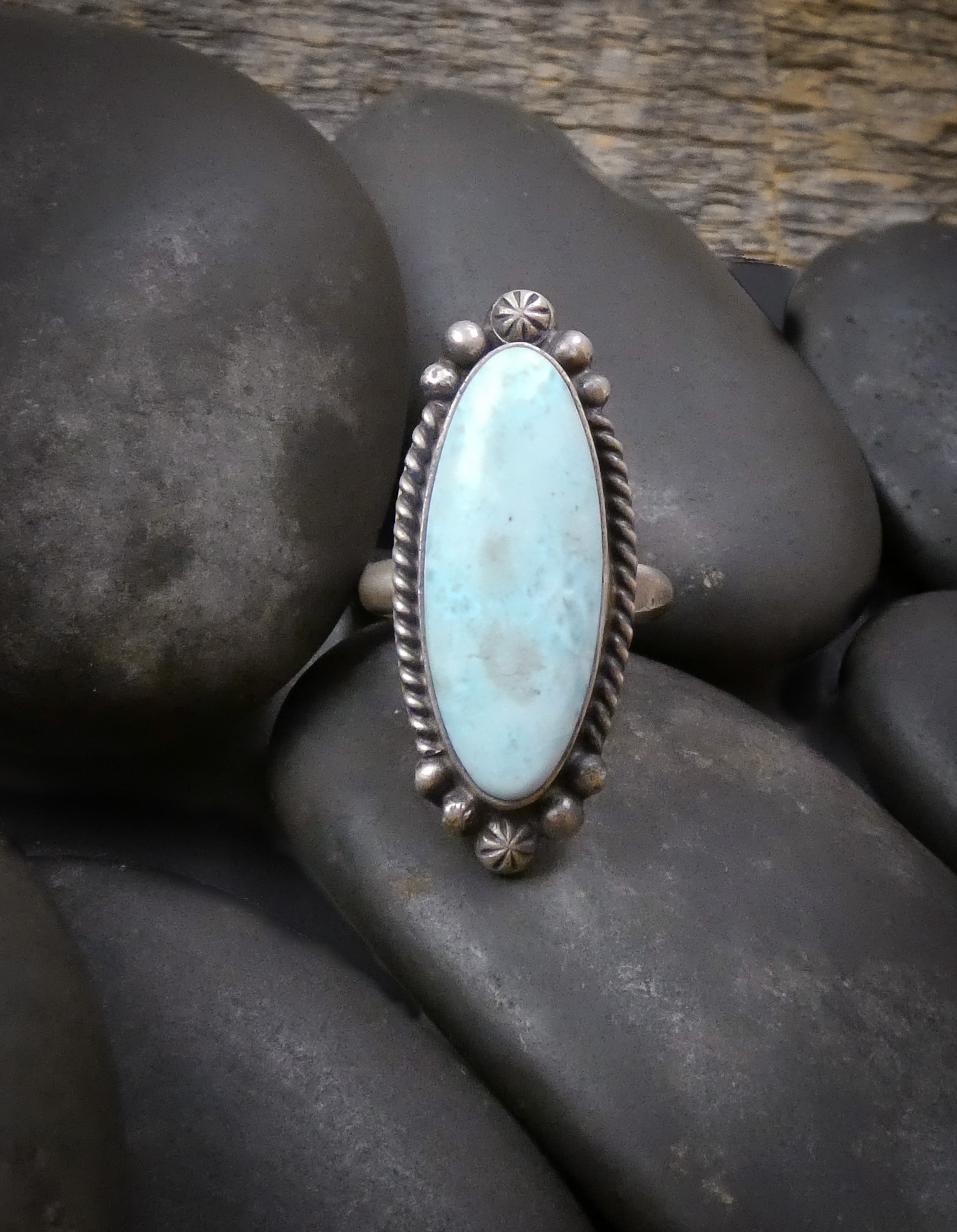 Native American Navajo Silver Large Larimar Adjustable Ring Size 8.5 - 9.75