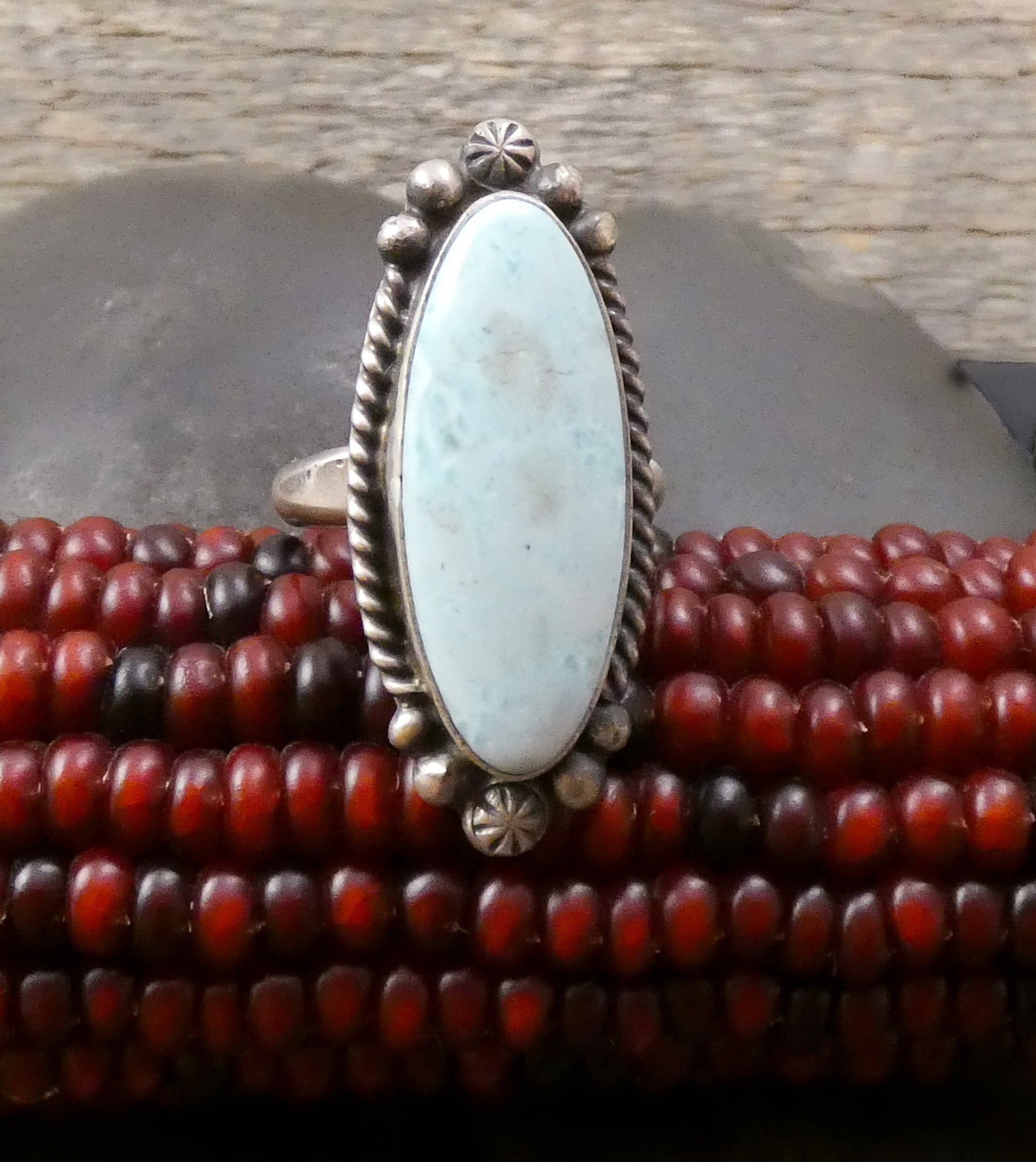 Native American Navajo Silver Large Larimar Adjustable Ring Size 8.5 - 9.75