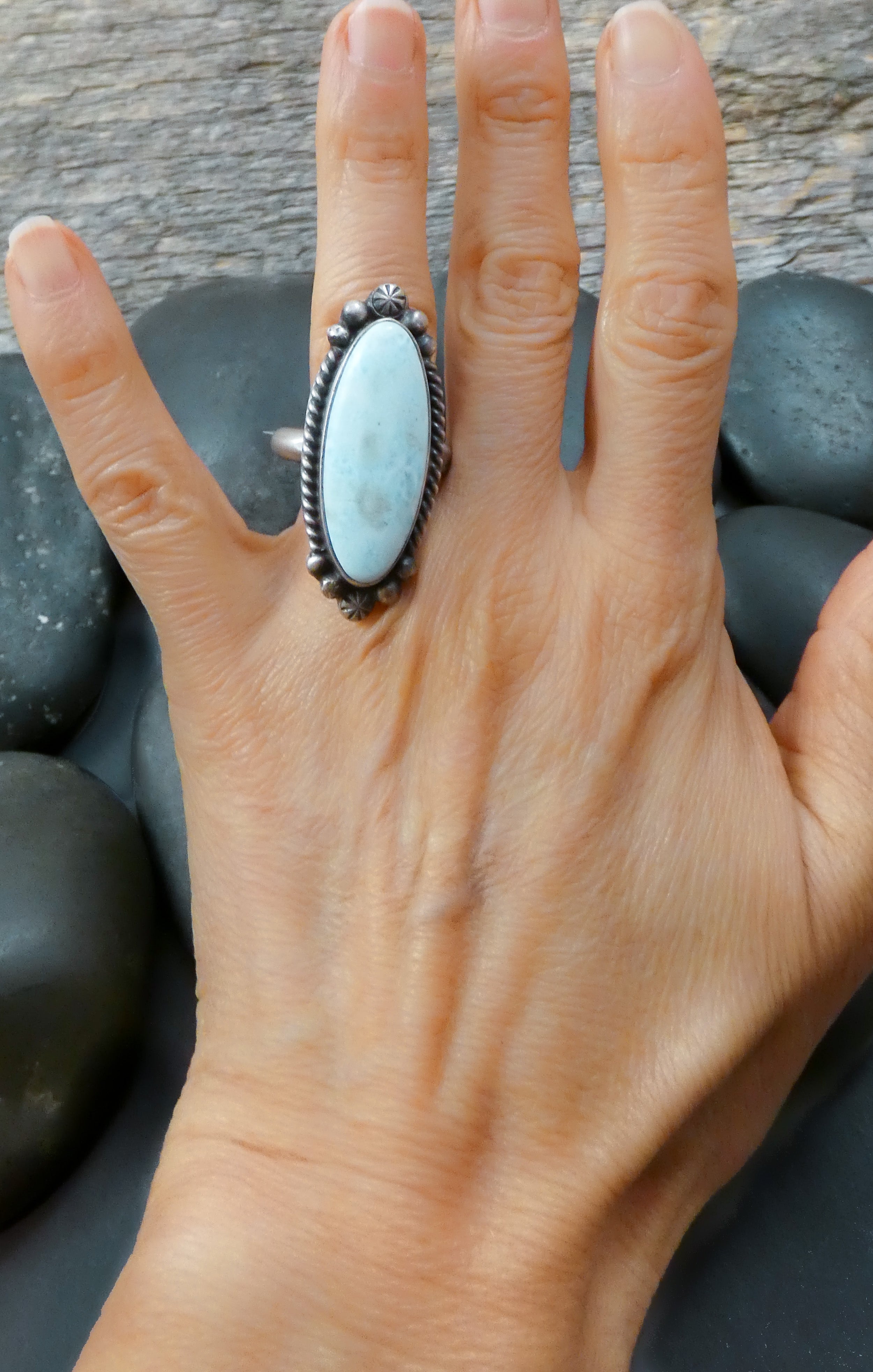 Native American Navajo Silver Large Larimar Adjustable Ring Size 8.5 - 9.75