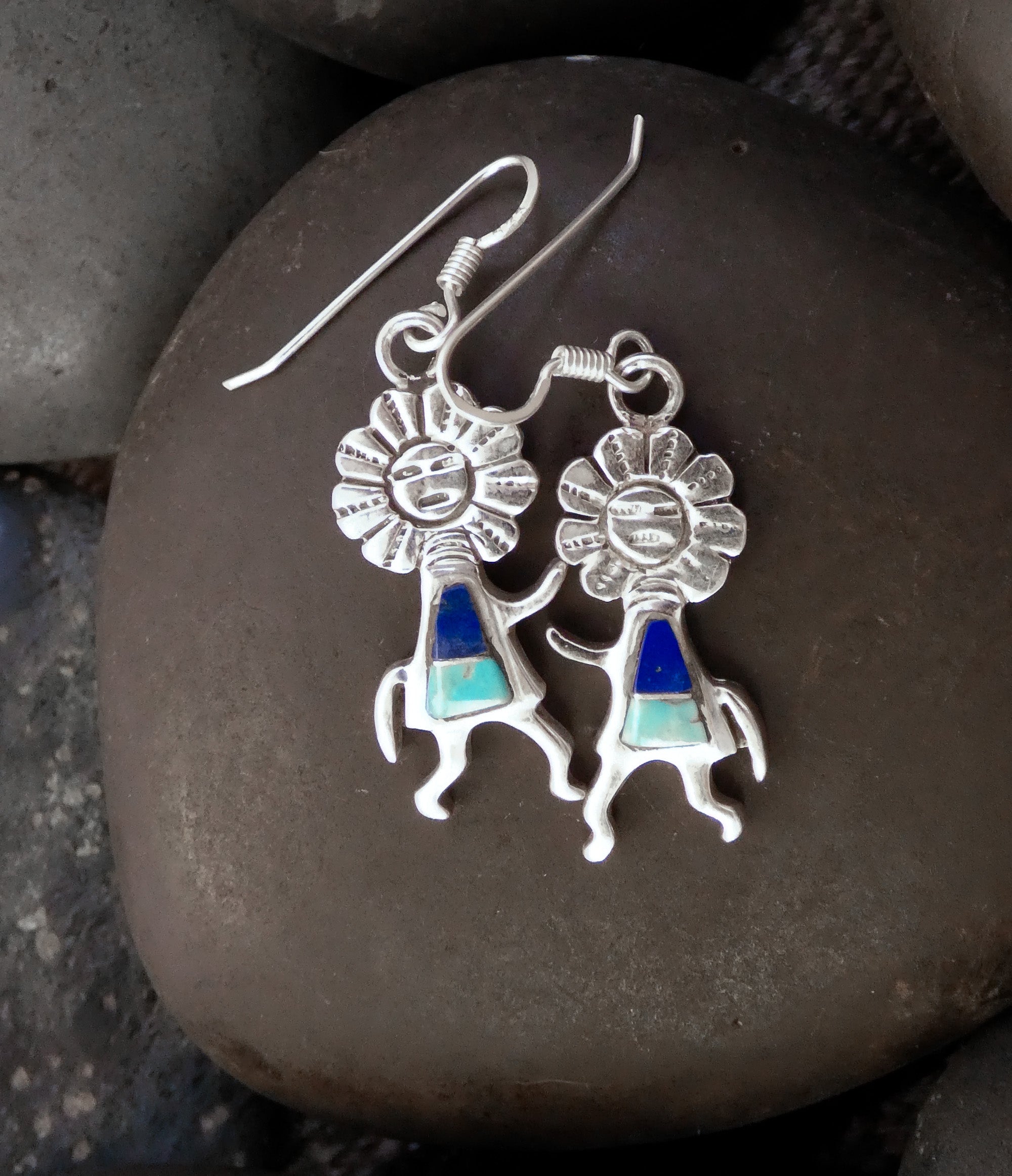 Vintage Navajo Silver Sun Kachina Turquoise Lapis Dangle Earrings