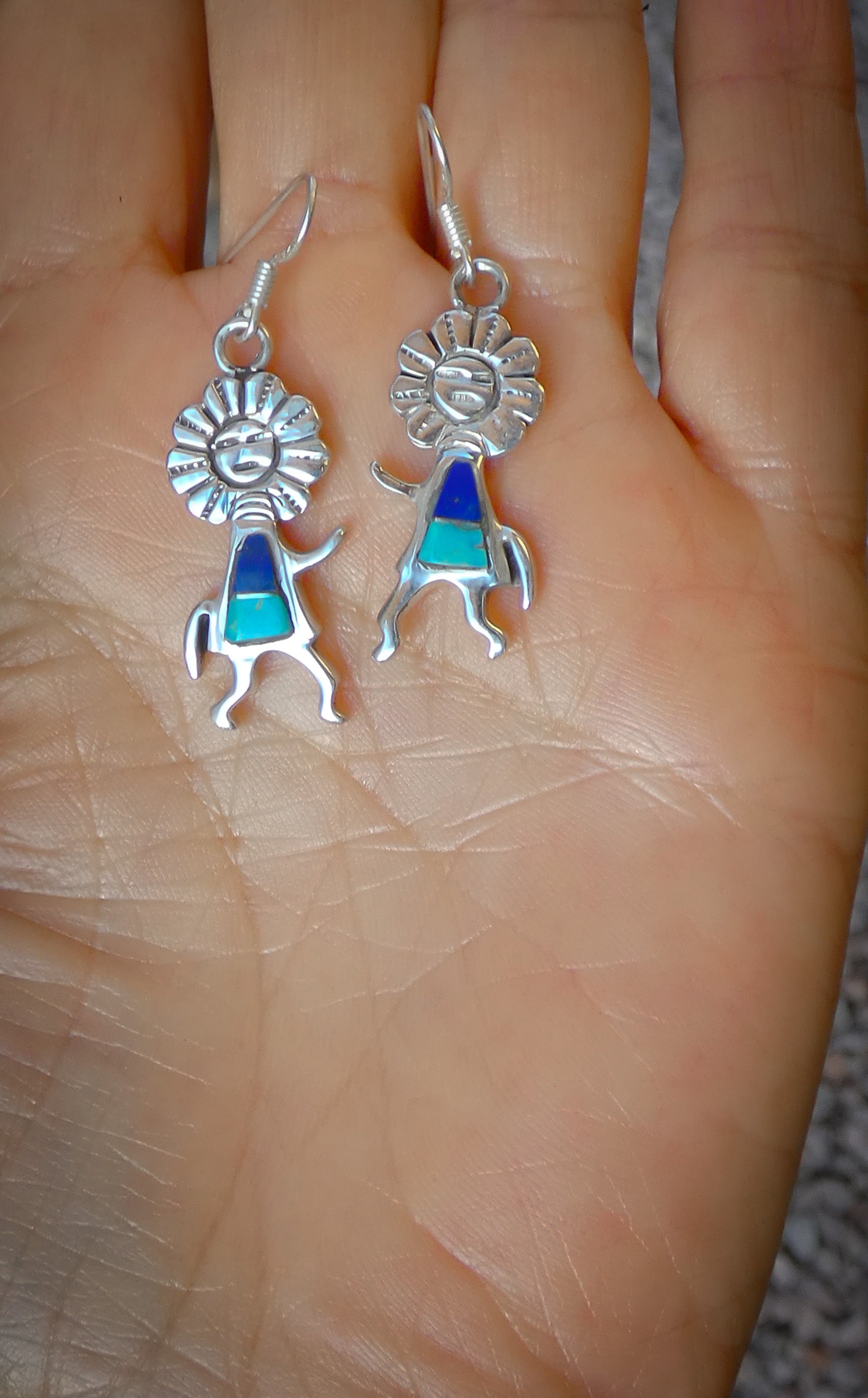 Vintage Navajo Silver Sun Kachina Turquoise Lapis Dangle Earrings