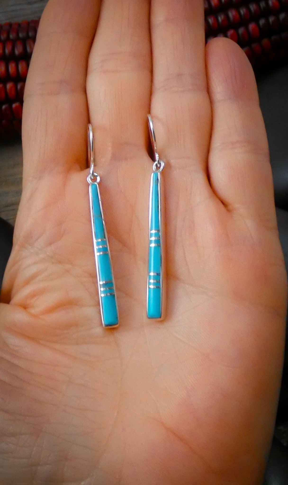 Native American Kingman Turquoise Long Inlay Dangle Earrings By Rick Tolino