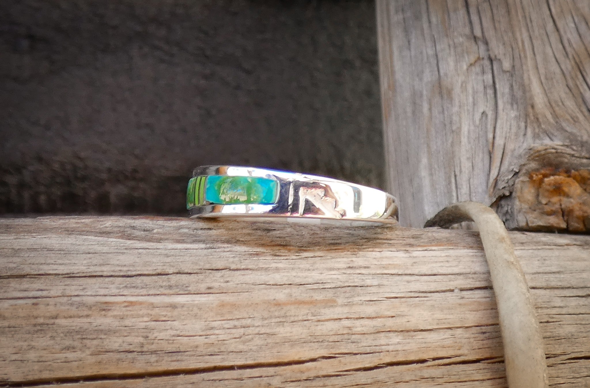 Native American Navajo Sonoran Gold Turquoise Inlay Band Ring Size 6