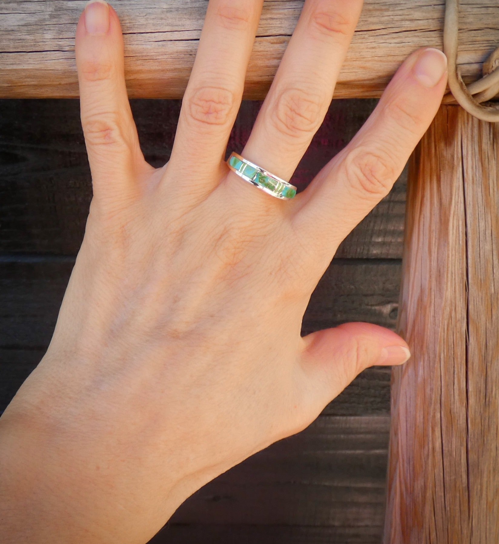 Native American Navajo Sonoran Gold Turquoise Inlay Band Ring Size 6