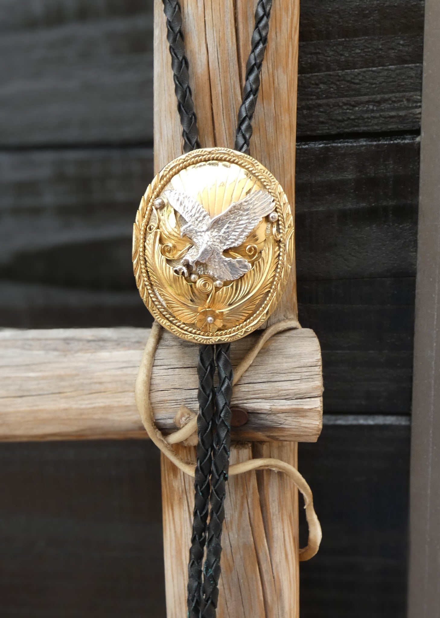 Native American Navajo 12KGF Silver Eagle In Flight Bolo Tie Vintage