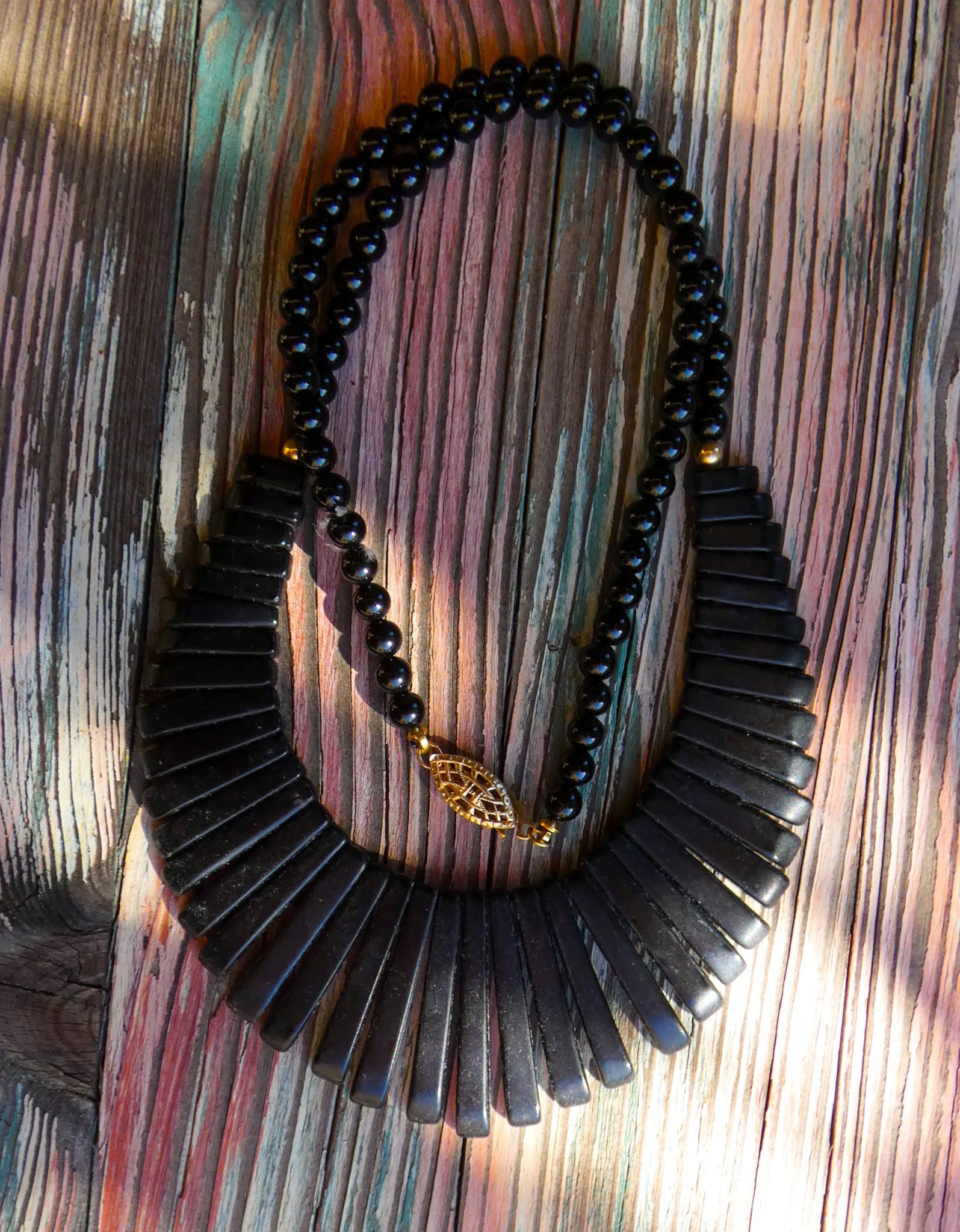 Southwestern 14K Gold Onyx Bead Bib Fringe Necklace