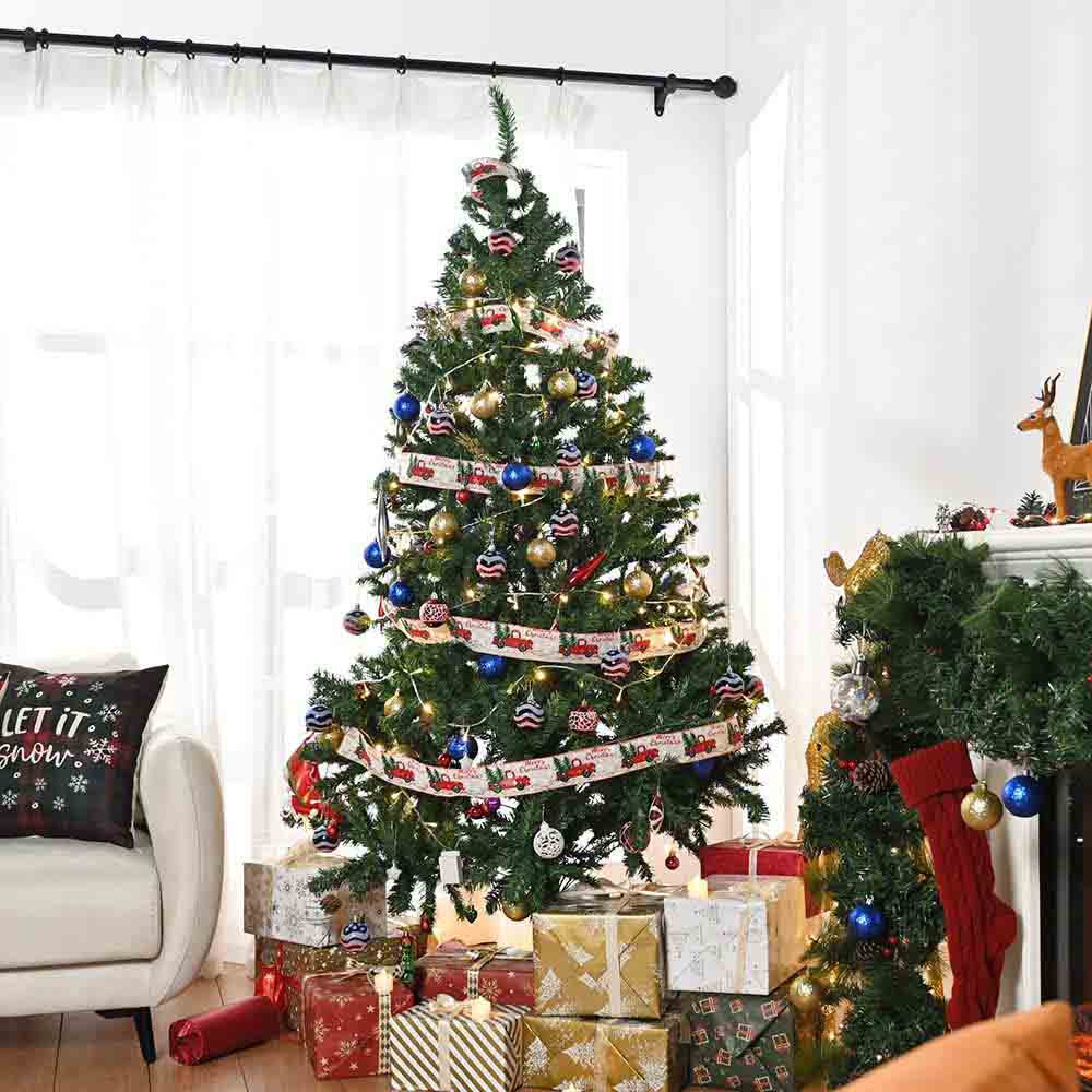  7.5 ft Xmas Tree with Ribbon & Foldable Metal Stand 