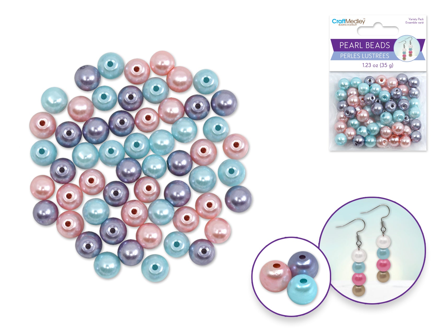 Pearl Beads: 8mm Glass Fired Pearls 35g  3-Col Asst Multi-Pack C) Bloom