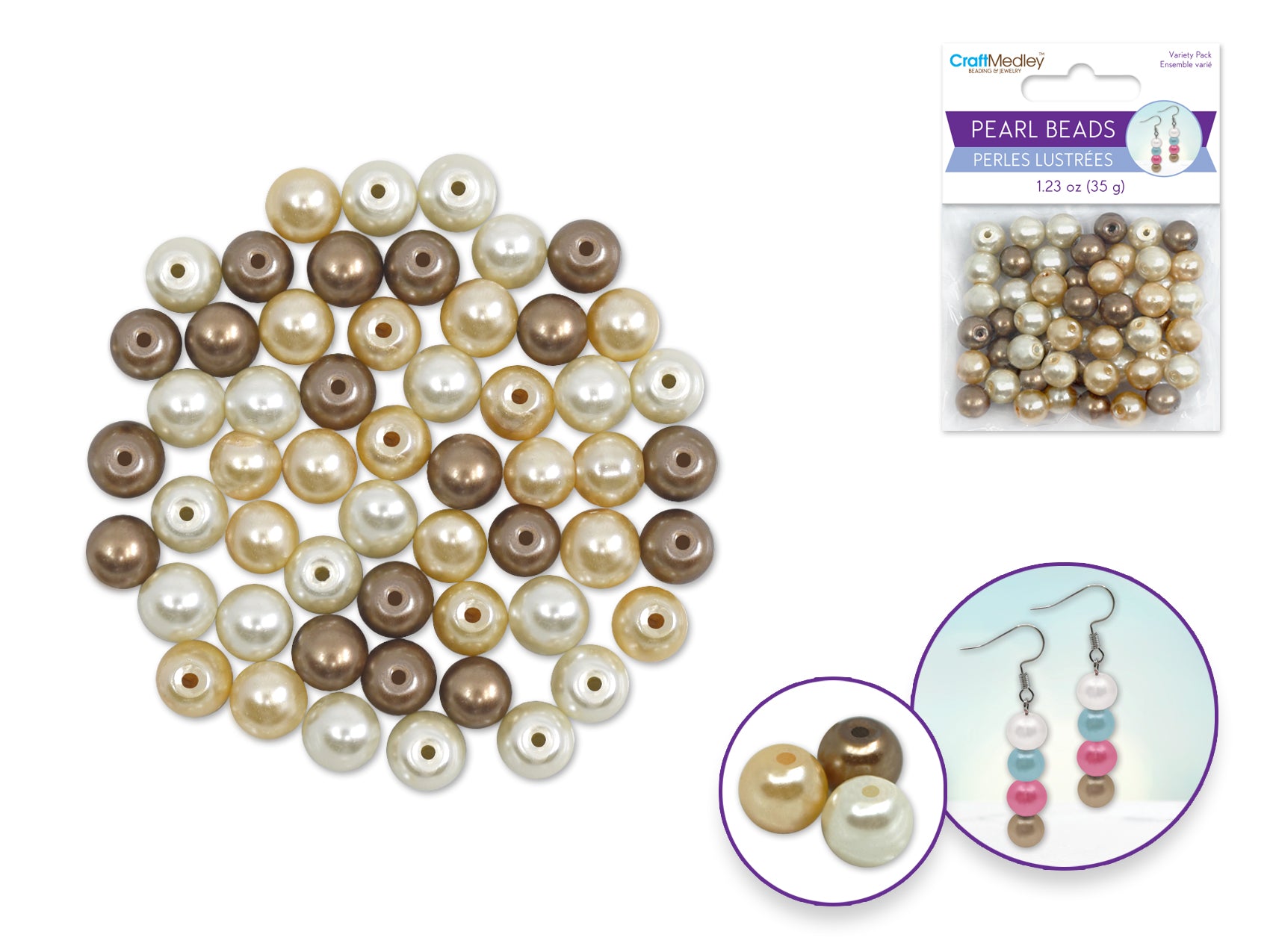 Pearl Beads: 8mm Glass Fired Pearls 35g  3-Col Asst Multi-Pack B) Java