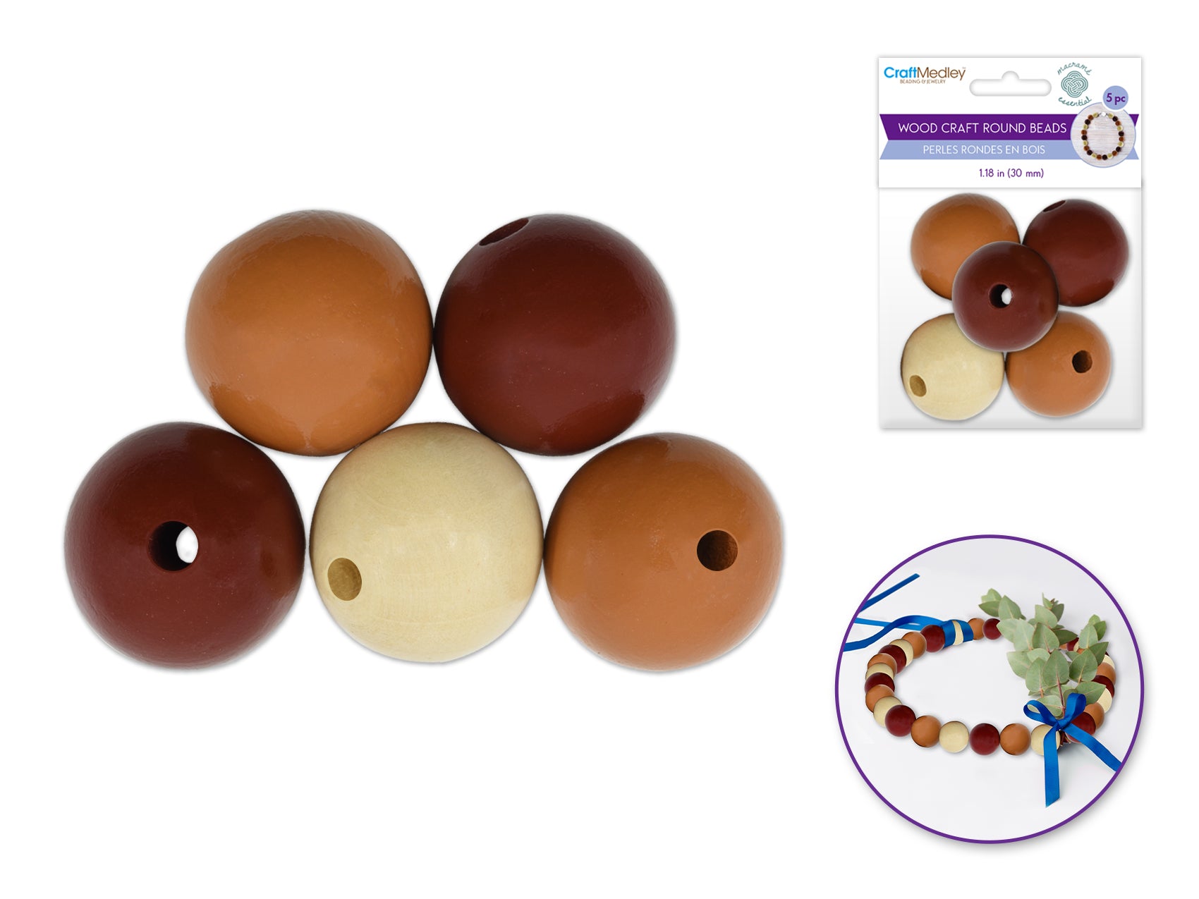 Craft Wood Round Beads Stained Natural Wood Large