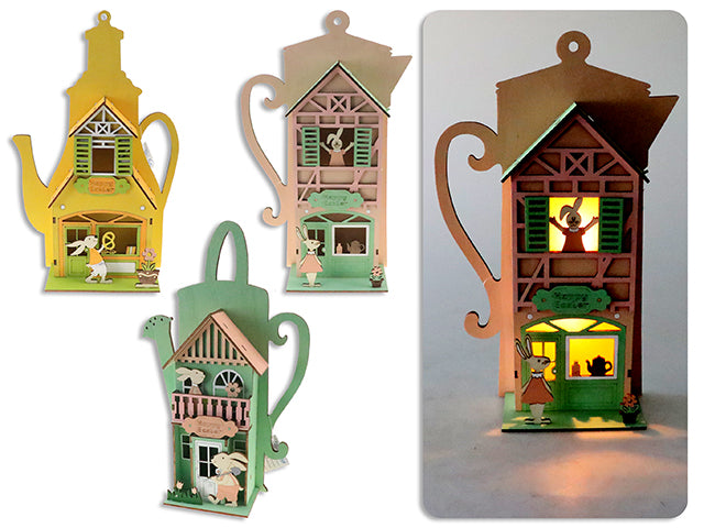 11.25in B/O 2-LED Bunny Scene 3-D Tea Pot Tabletop Decor. 3 Asst.Styles. Brown Box w/Col.Label.