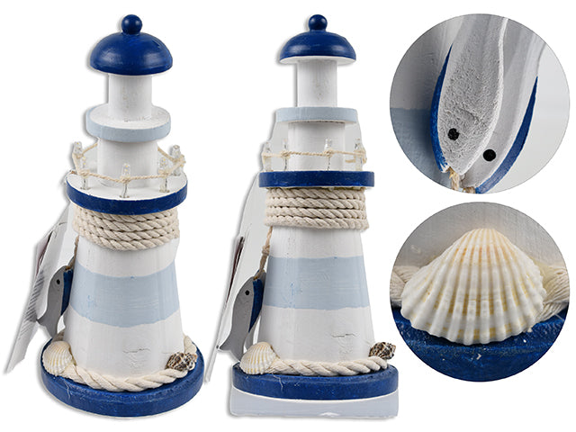 9in(H) x 4n(BD) B/O 7-LED Wooden Lighthouse Tabletop Decor w/Sea Shells+2 Fish Resin Toggles.