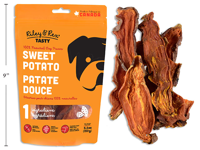 Sweet Potato Chews. 150g. Resealable Peggable Pouch.