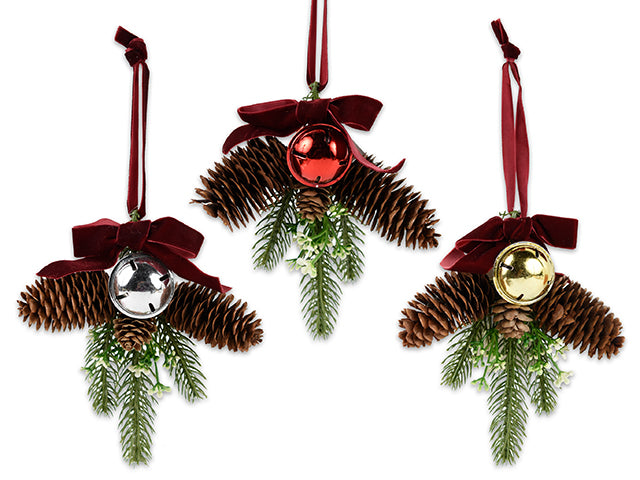 10.25in Xmas Pine Cone Ornament w/Metal Jingle Bell + Velvet Bow + Hanger. 3 Asst.Colours. Cht.