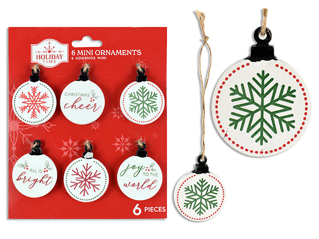 6pk 1-3/8in Xmas MDF Printed Mini Ornament w/Jute Hanger. 6 Asst,Styles. T.o.c.