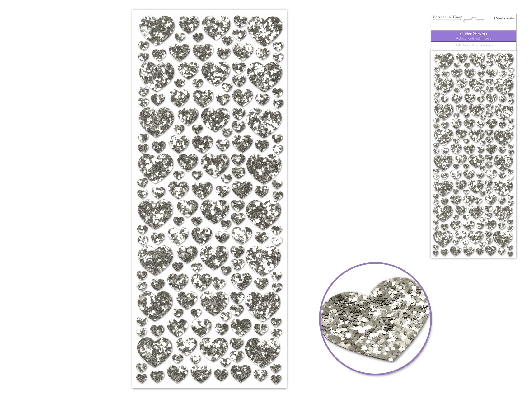Paper Craft Sticker: 12.5cmx30.5cm Glitter Shapes D) Silver Hearts