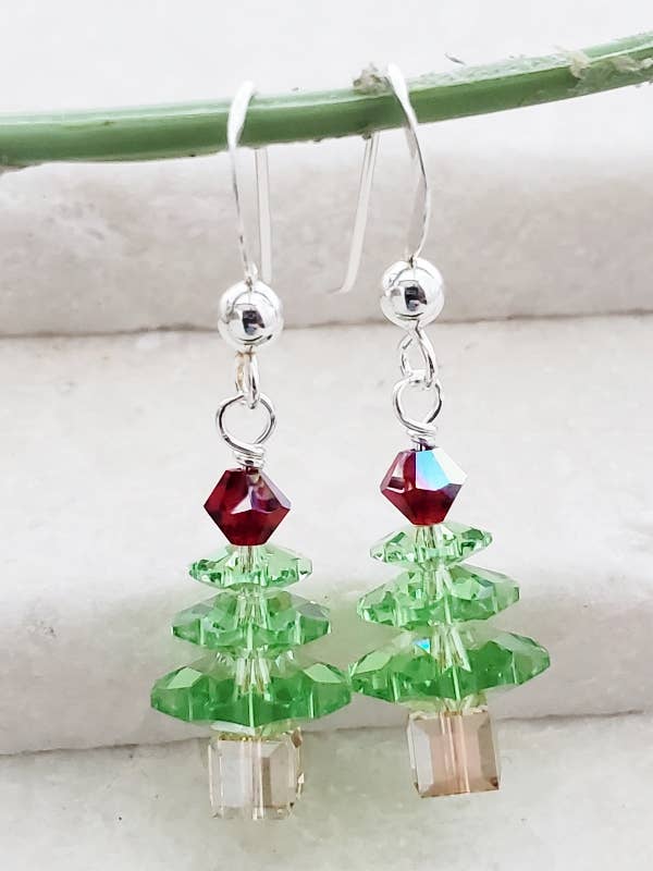 Sienna Sky Earrings - Sparkly Green Christmas Tree with Red Beads and Gold Star