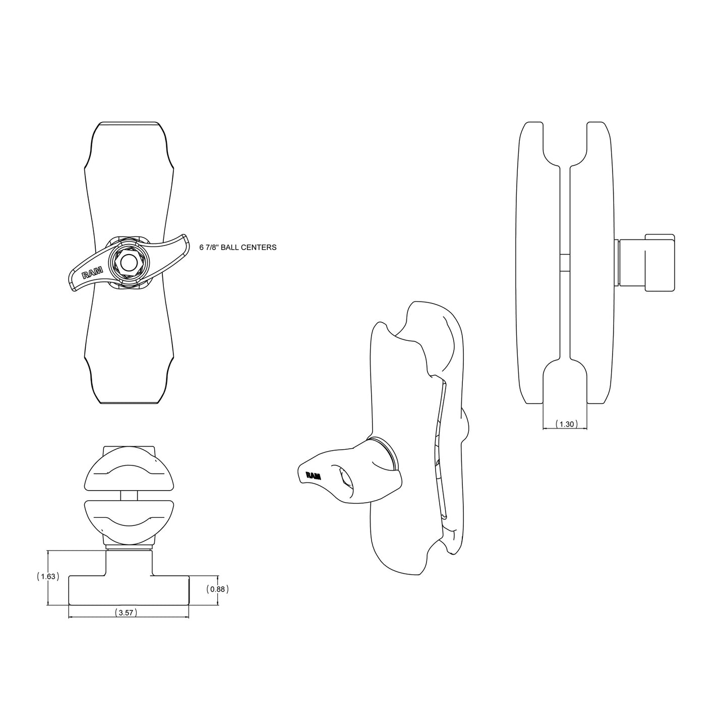 RAM? Double Socket Arm with Jam Nut - D Size Medium - RAM-D-201U-MI1