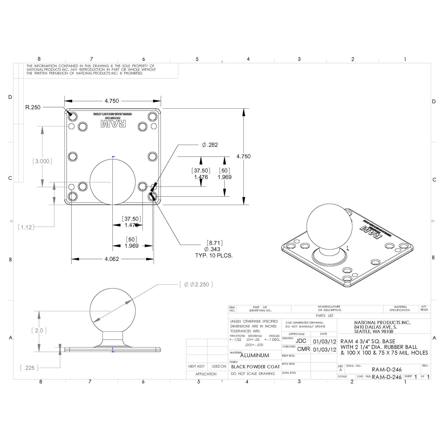 RAM? 100x100mm VESA Plate with Ball - D Size No Spacers - RAM-D-246-AD1U