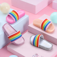 Children's Sandals for Girls Lovely Rainbow Straps Baby Bright Slippers Kid's Summer Outdoor LED Flash Lighted Slipper Princess LED Shoes Luminous