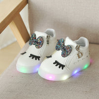 New Fashion Children Glowing Shoes Princess Bow Girls Light Up Led Shoes Spring Autumn Cute Baby Bright Sneakers Shoes HE-21 Rhinestone Shoes