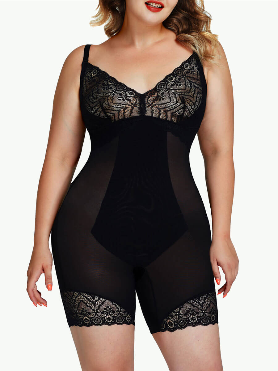 Sculptshe Plus Size Open Crotch Lace Bodysuit Shapewear