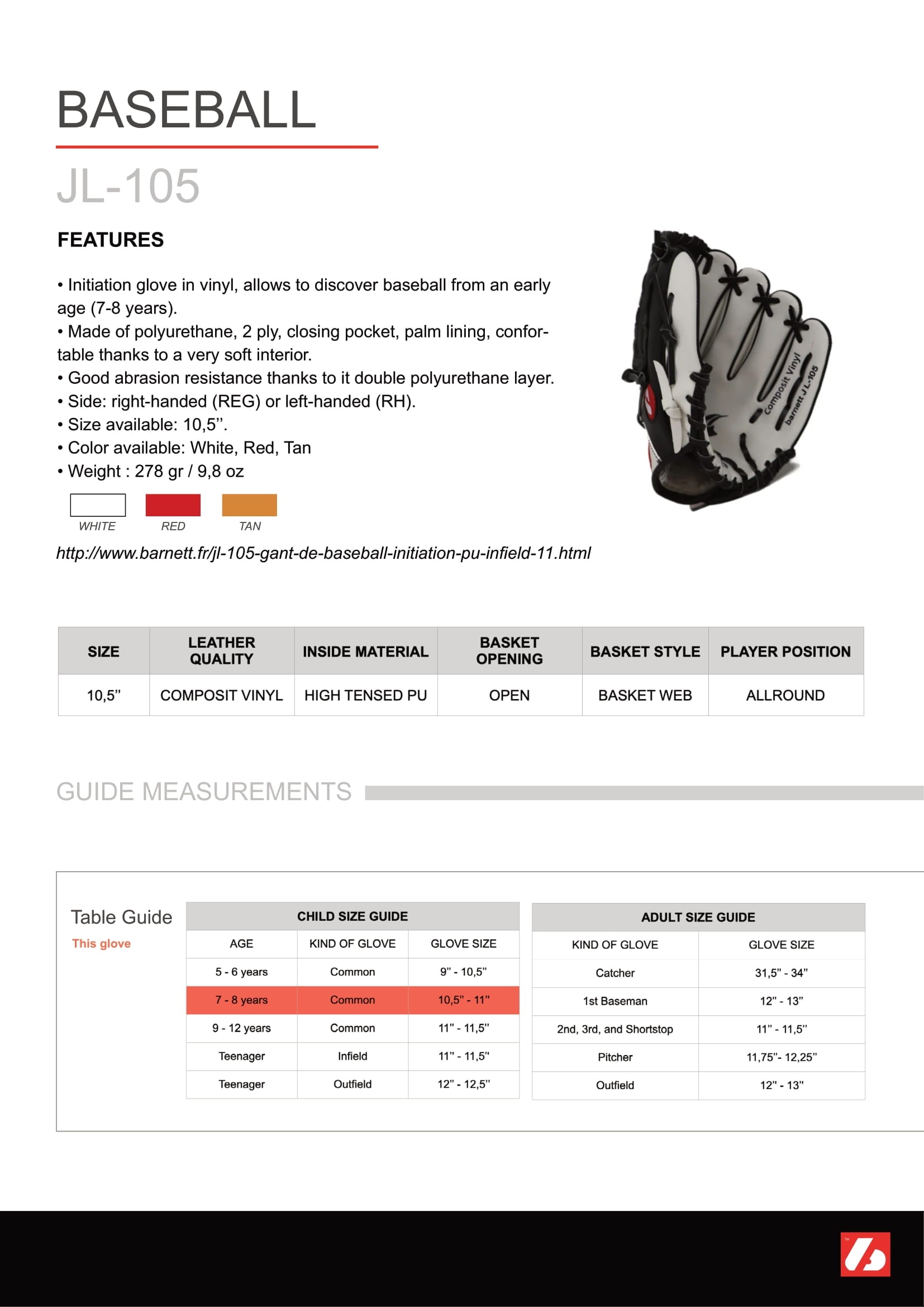 JL-105 - Baseball glove, outfield, polyurethane, size 10.5 