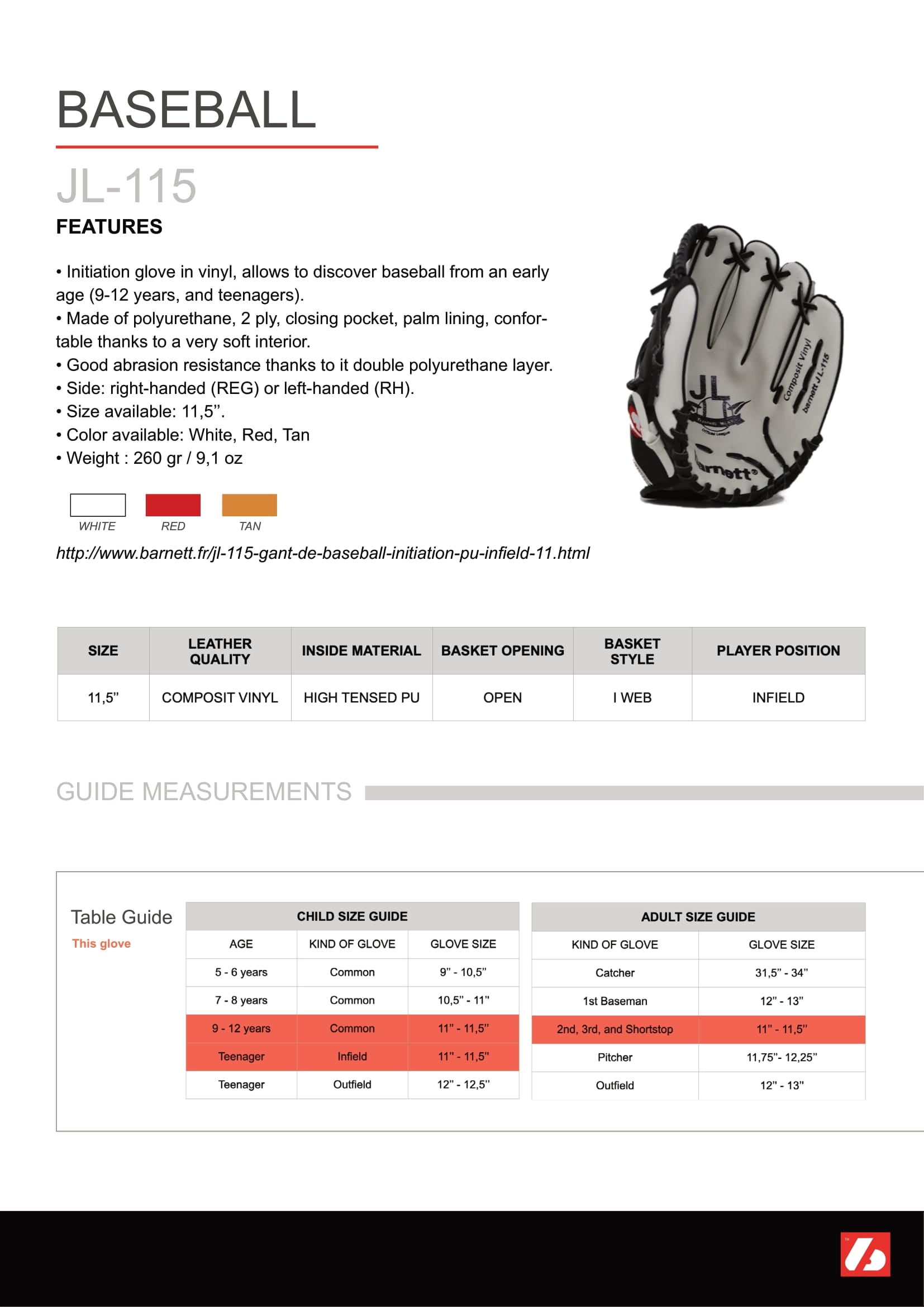 JL-115 baseball glove, outfield, polyurethane, size 11,5