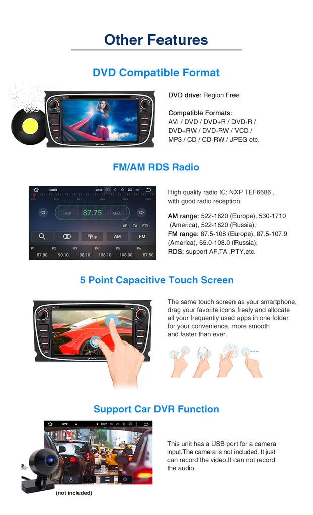 pkin 7 Inch Double Din Radio, Android 9.0 Car Stereo for Ford Focus/Mondeo with Touch Screen, GPS Navigation, Bluetooth (Black)