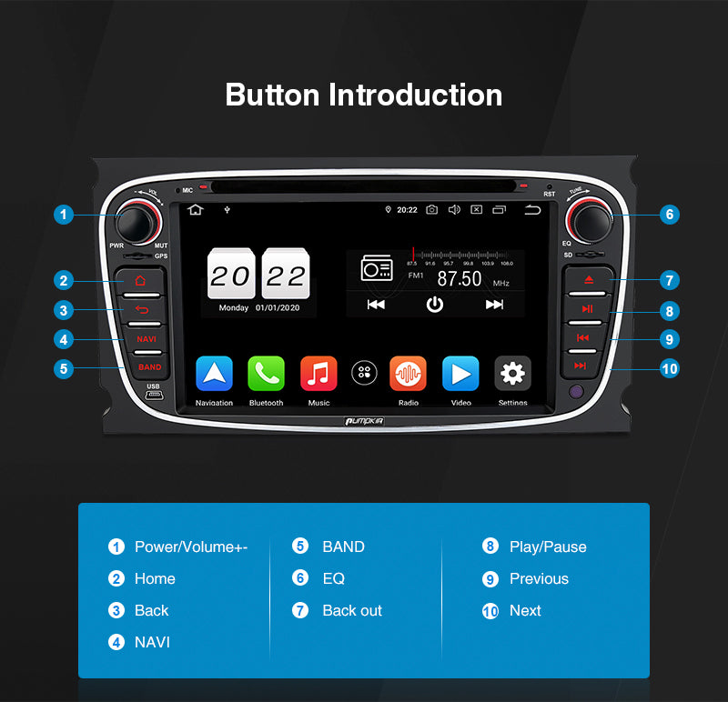 pkin 7 Inch Double Din Radio, Android 9.0 Car Stereo for Ford Focus/Mondeo with Touch Screen, GPS Navigation, Bluetooth (Black)
