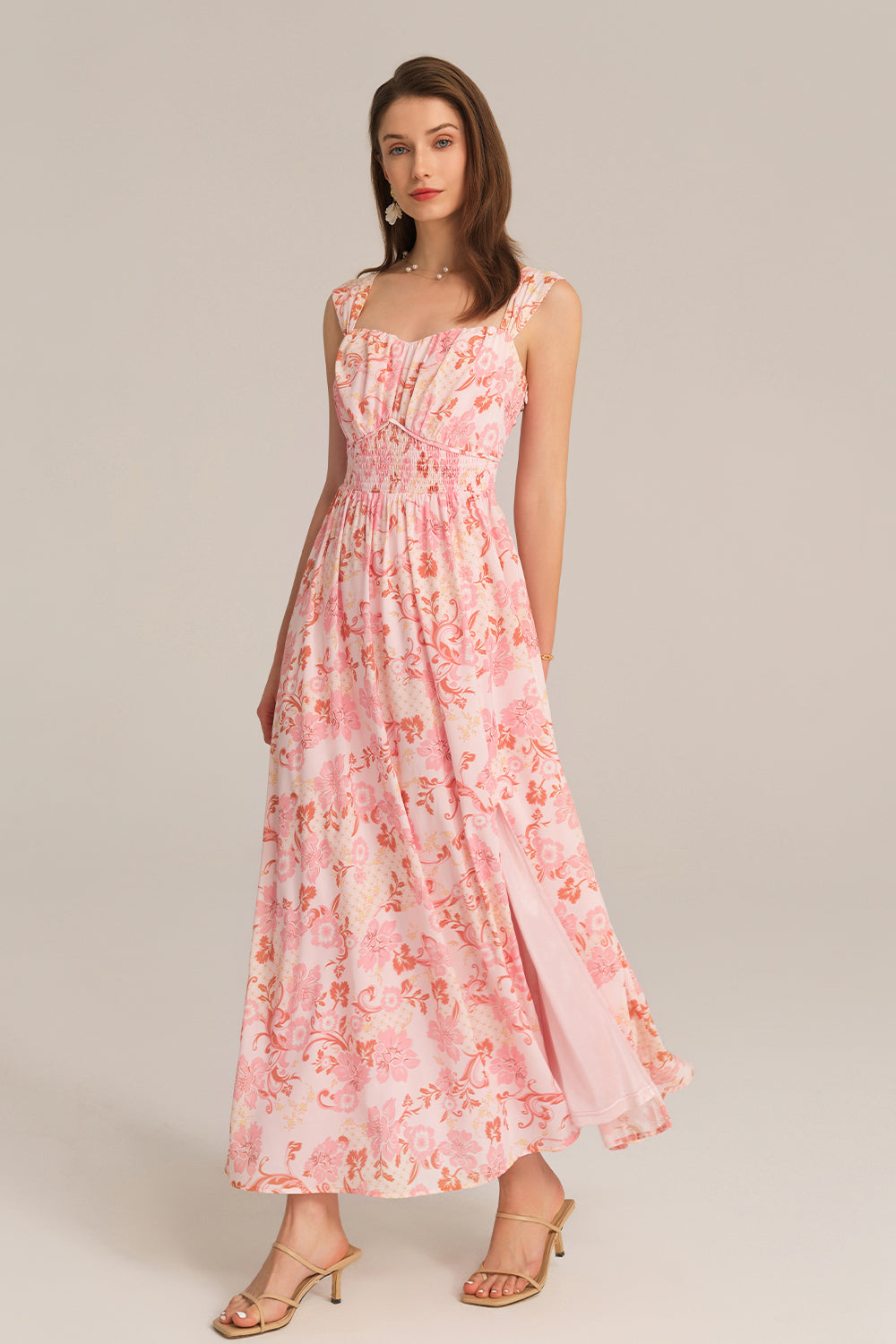 Front Slit Off Shoulder Elastic Waist Flared Dress - Pink