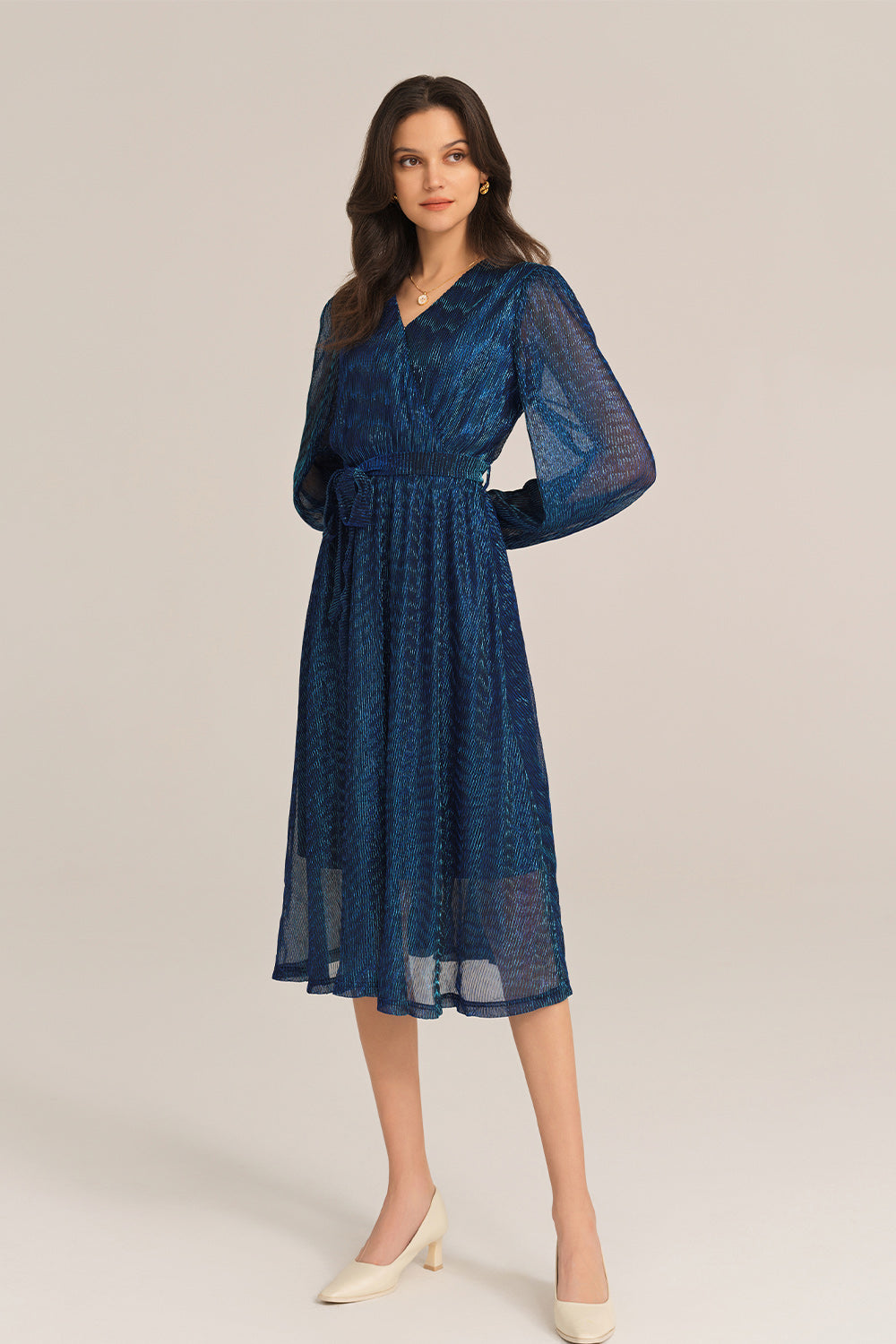 Casua Surplice V-Neck Long Sleeve Flared Midi Dress - Blue