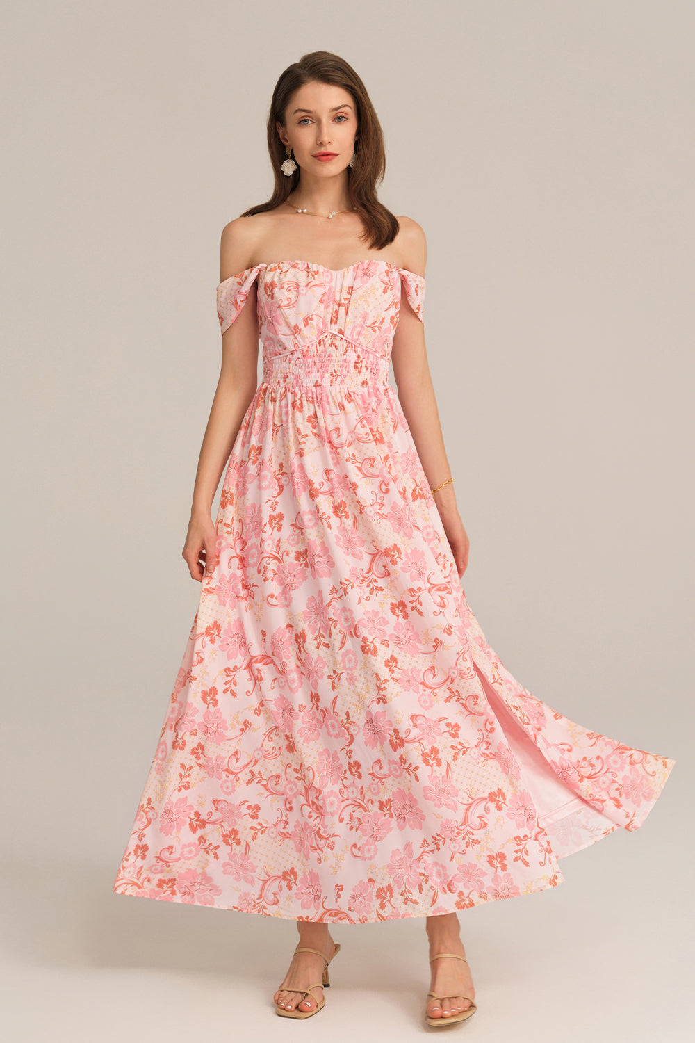 Front Slit Off Shoulder Elastic Waist Flared Dress - Pink