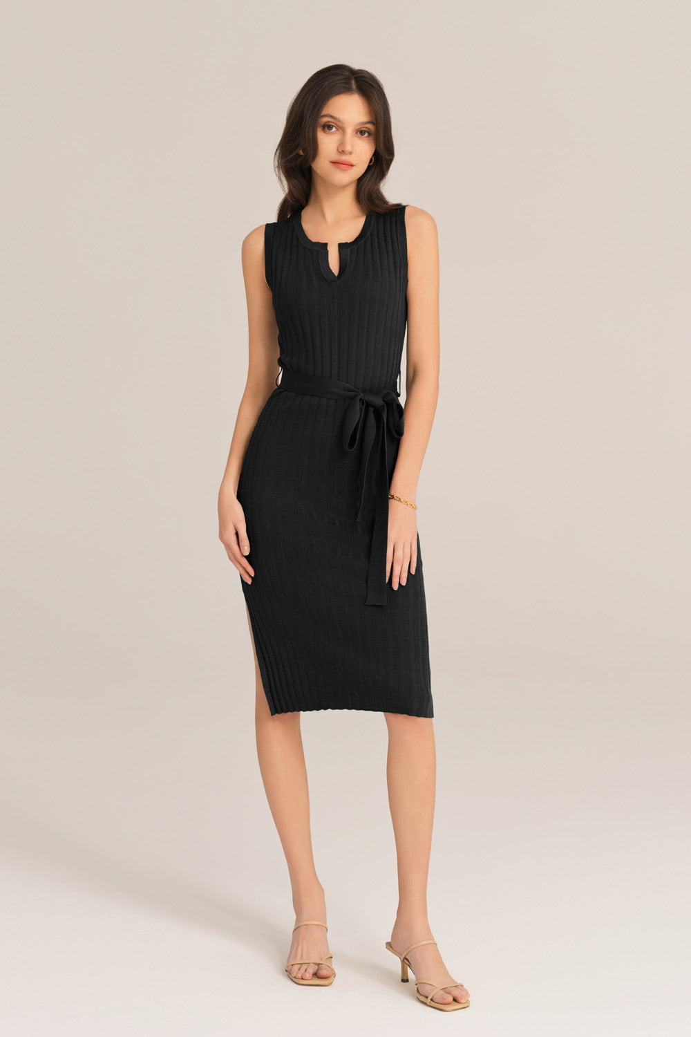 Notched Neck Sleeveless Hips-Wrapped Knitted Dress - Black
