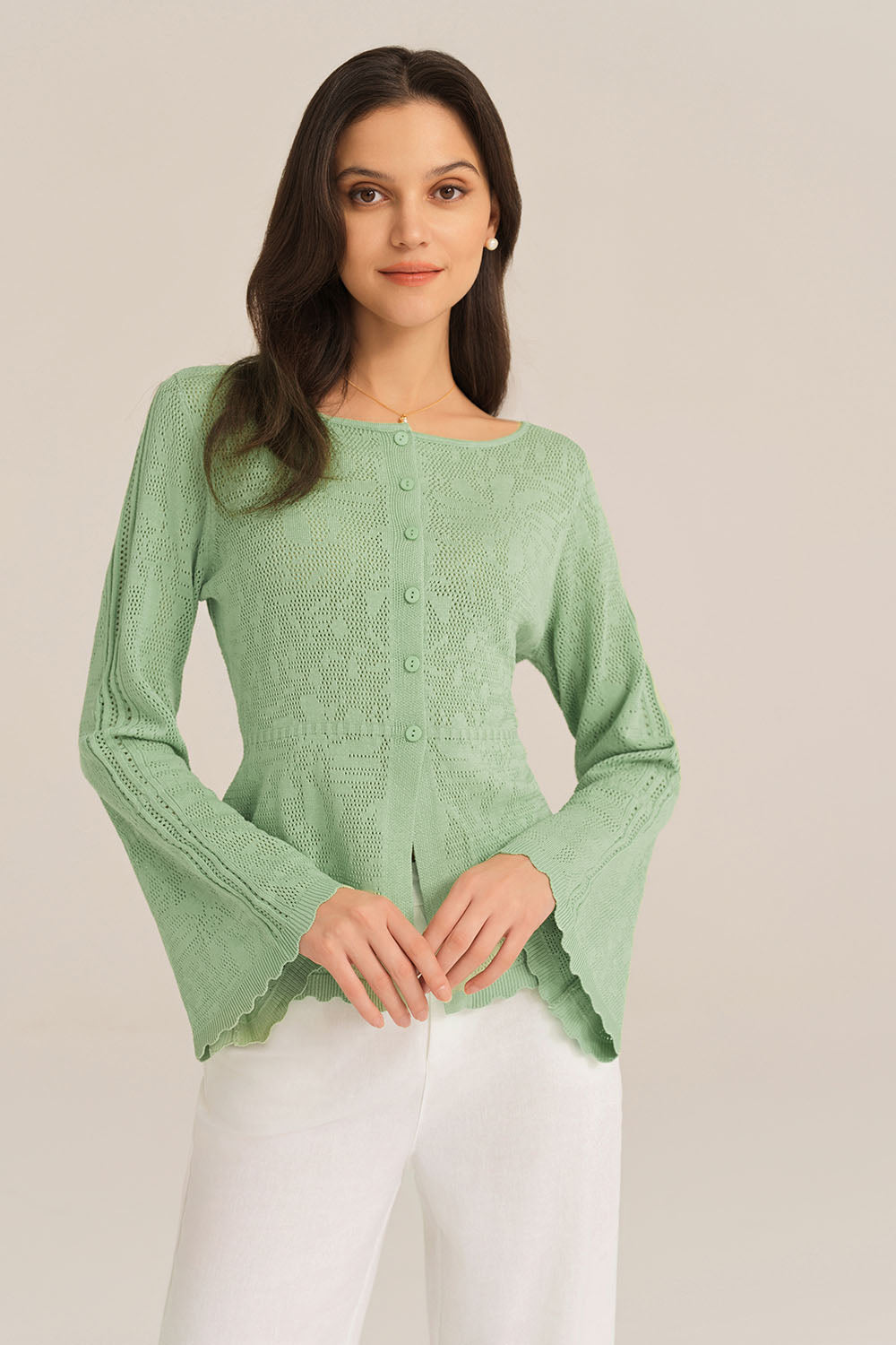 Hollowed Out Ruffle Hem Knitted Bell Cardigan Long Sleeve - Green