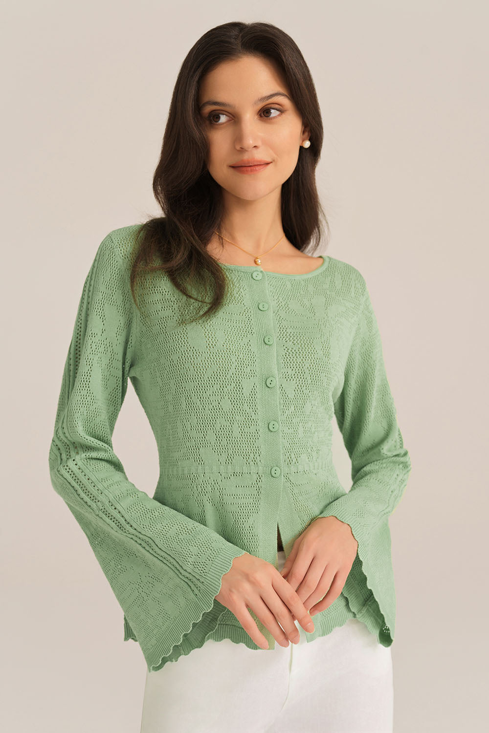 Hollowed Out Ruffle Hem Knitted Bell Cardigan Long Sleeve - Green