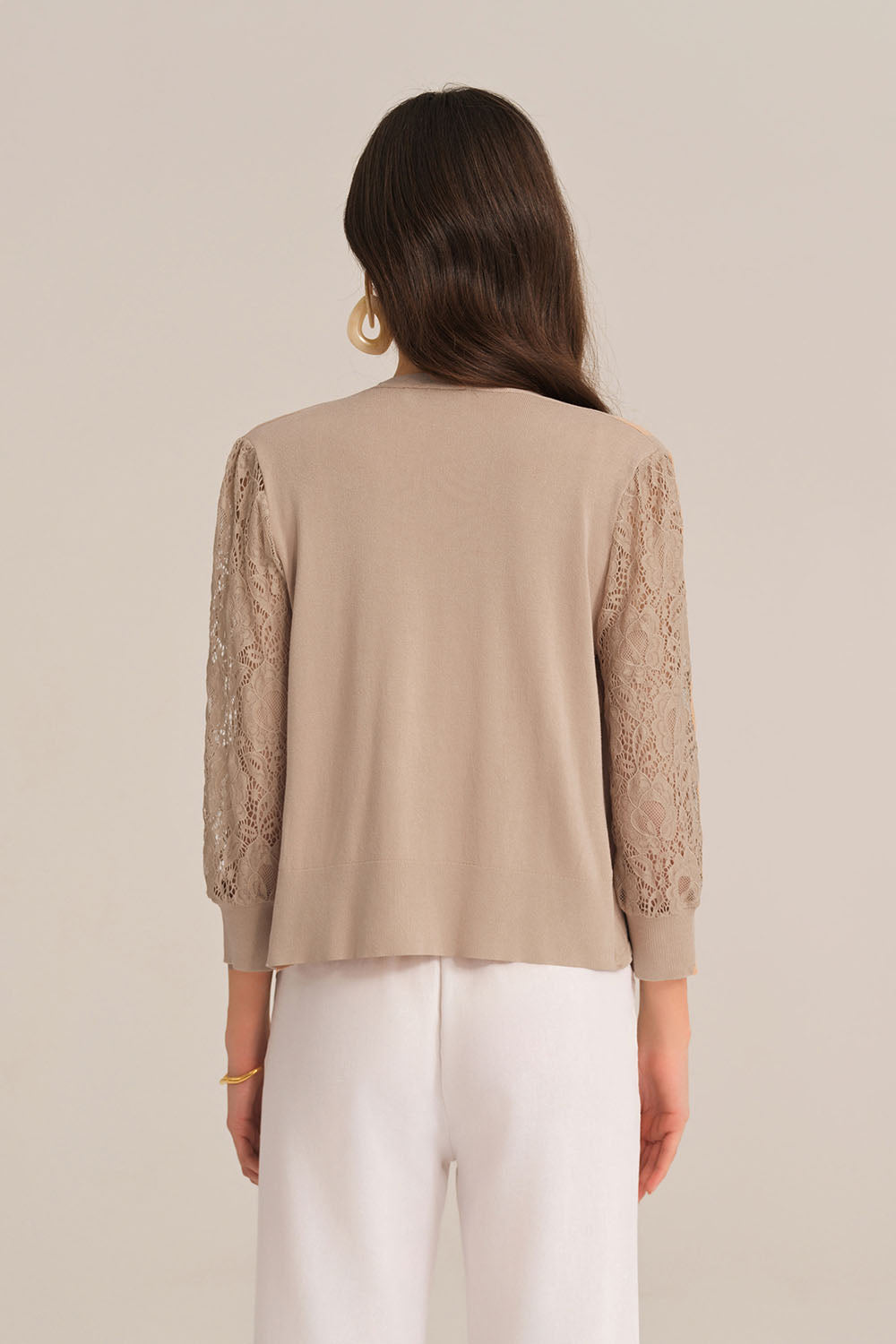 Casual V-neck 3/4 Lace Sleeve Knitted top - Brown