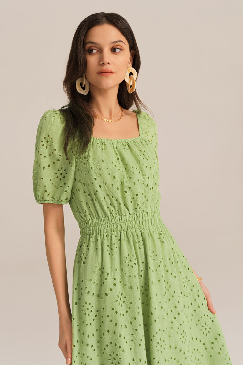 Hollowed-out Cotton Short Sleeve Square Neck Dress - Green