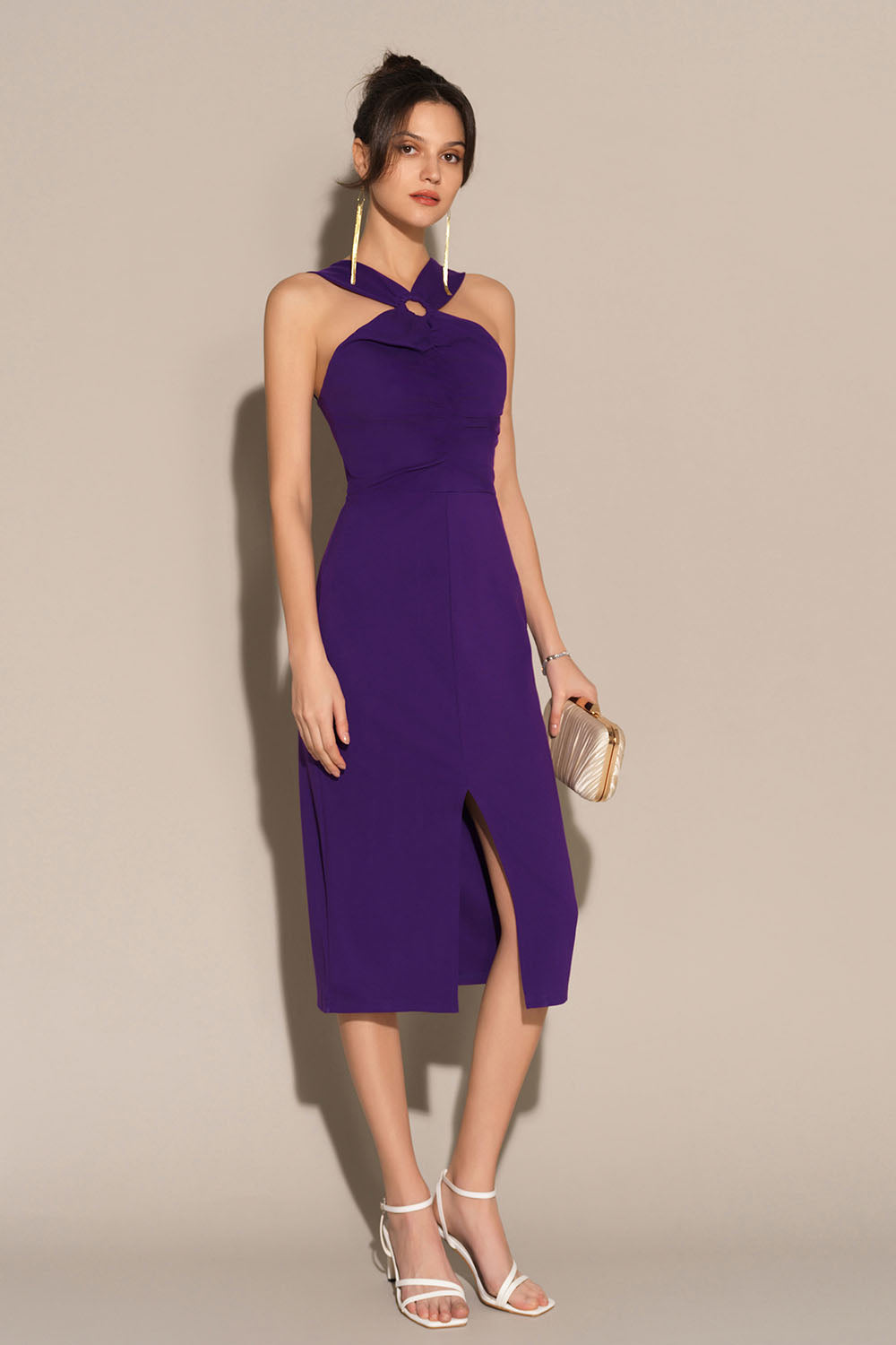 Front Slit Ruched Bodice Halterneck Bodycon Party Dress - Purple