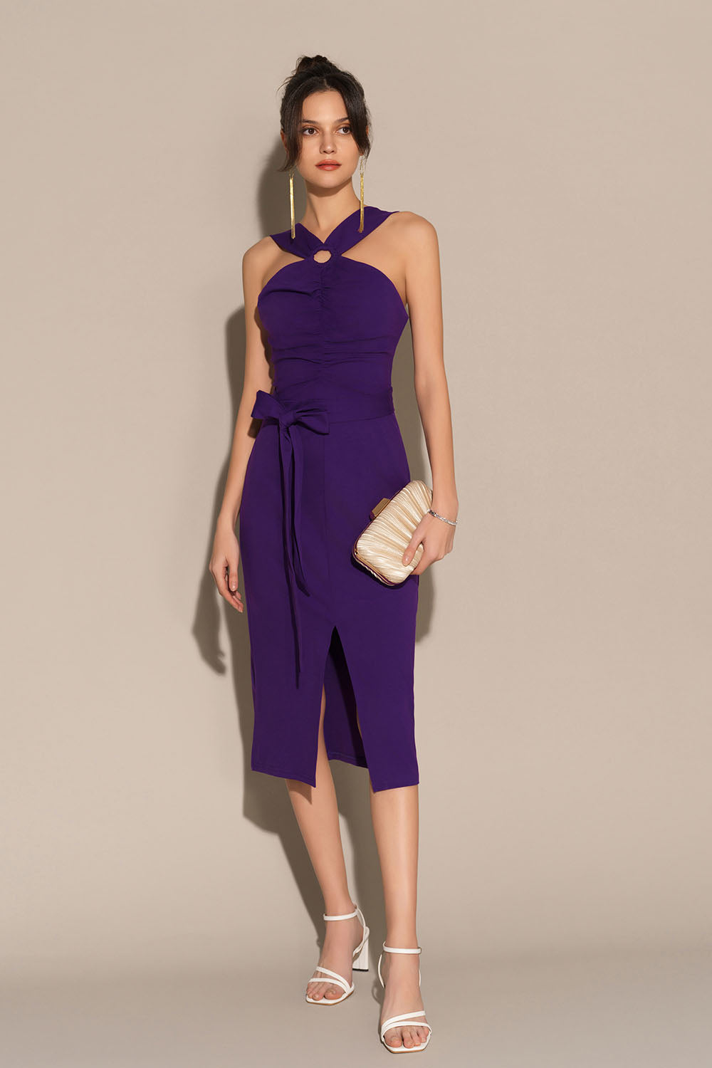 Front Slit Ruched Bodice Halterneck Bodycon Party Dress - Purple