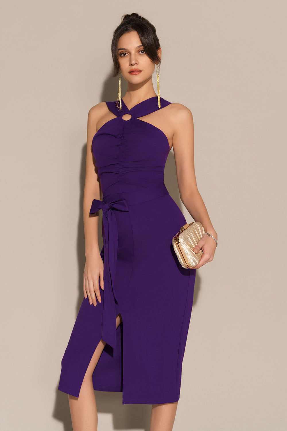 Front Slit Ruched Bodice Halterneck Bodycon Party Dress - Purple